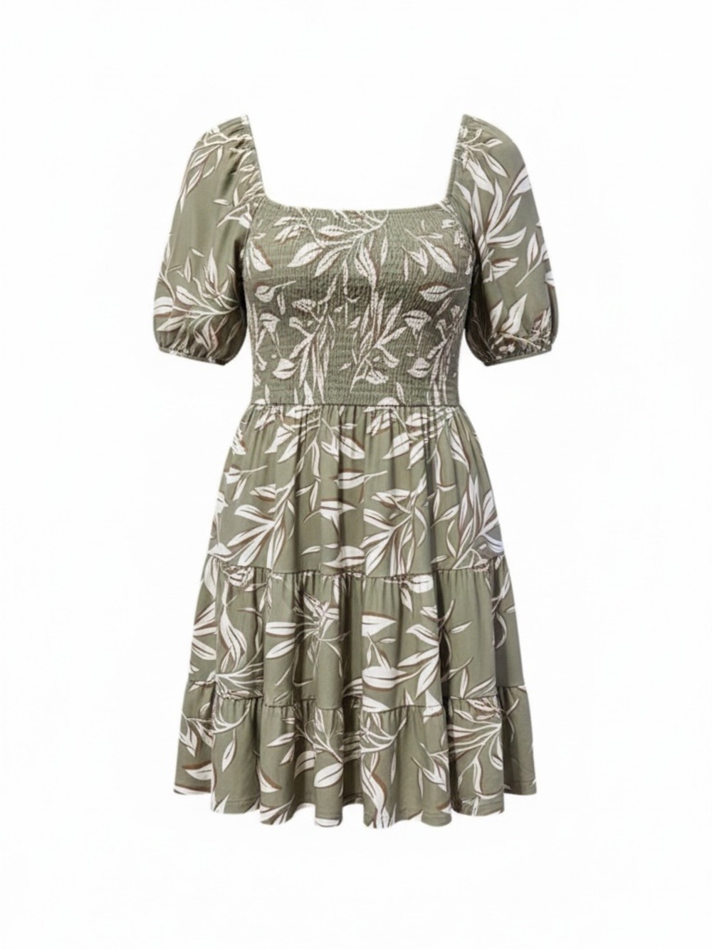 Justify Olive Leaf Print Smocked Dress – 1X